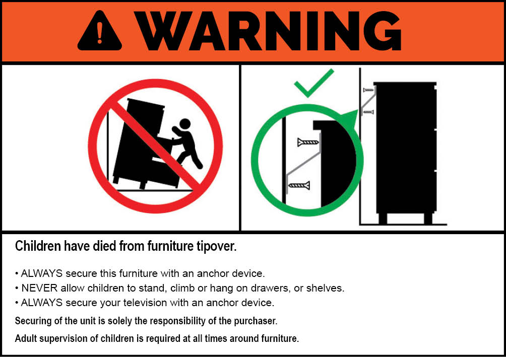 ACCC furniture tipover warning: children have died from furniture tipover. Always secure this furniture with an anchor device.