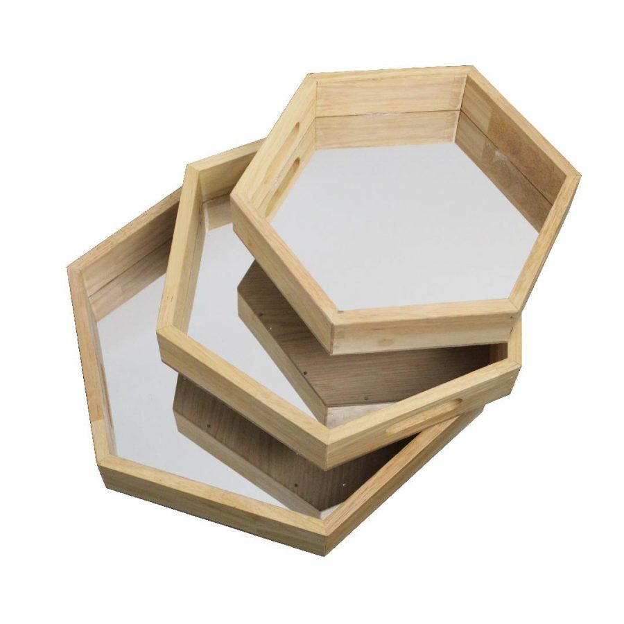 Wooden Hexagonal Mirror Trays (3pcs)