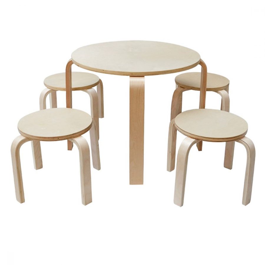781013 Contemporary Wooden Table and Stool Set NaturalNatural (5pcs
