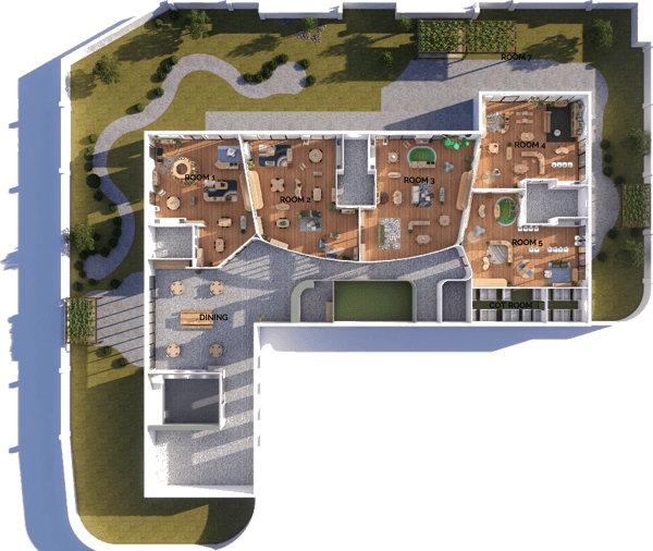 A room-by-room floor plan render for an early learning service