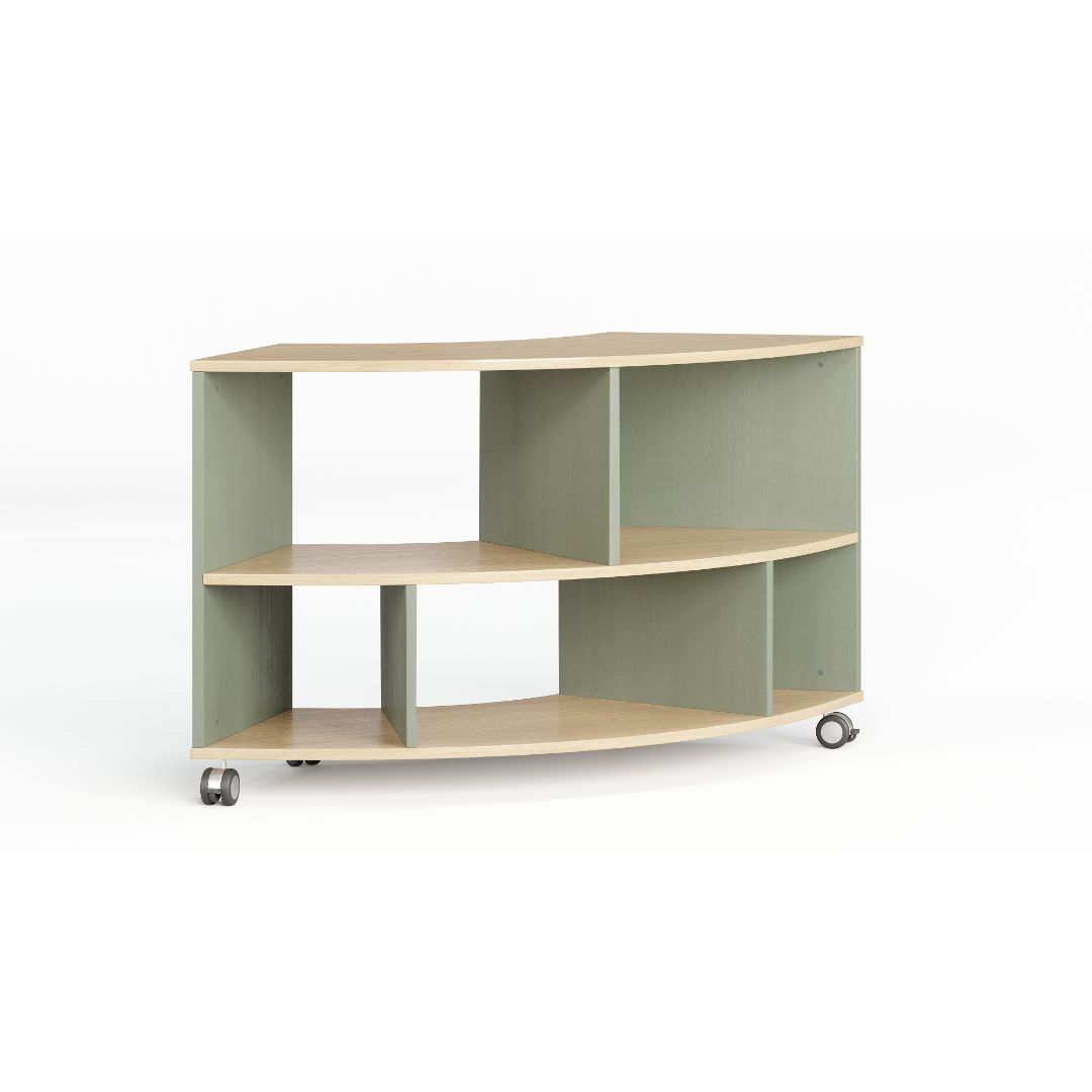 NaturalDesign curved mobile storage unit in sage and timber