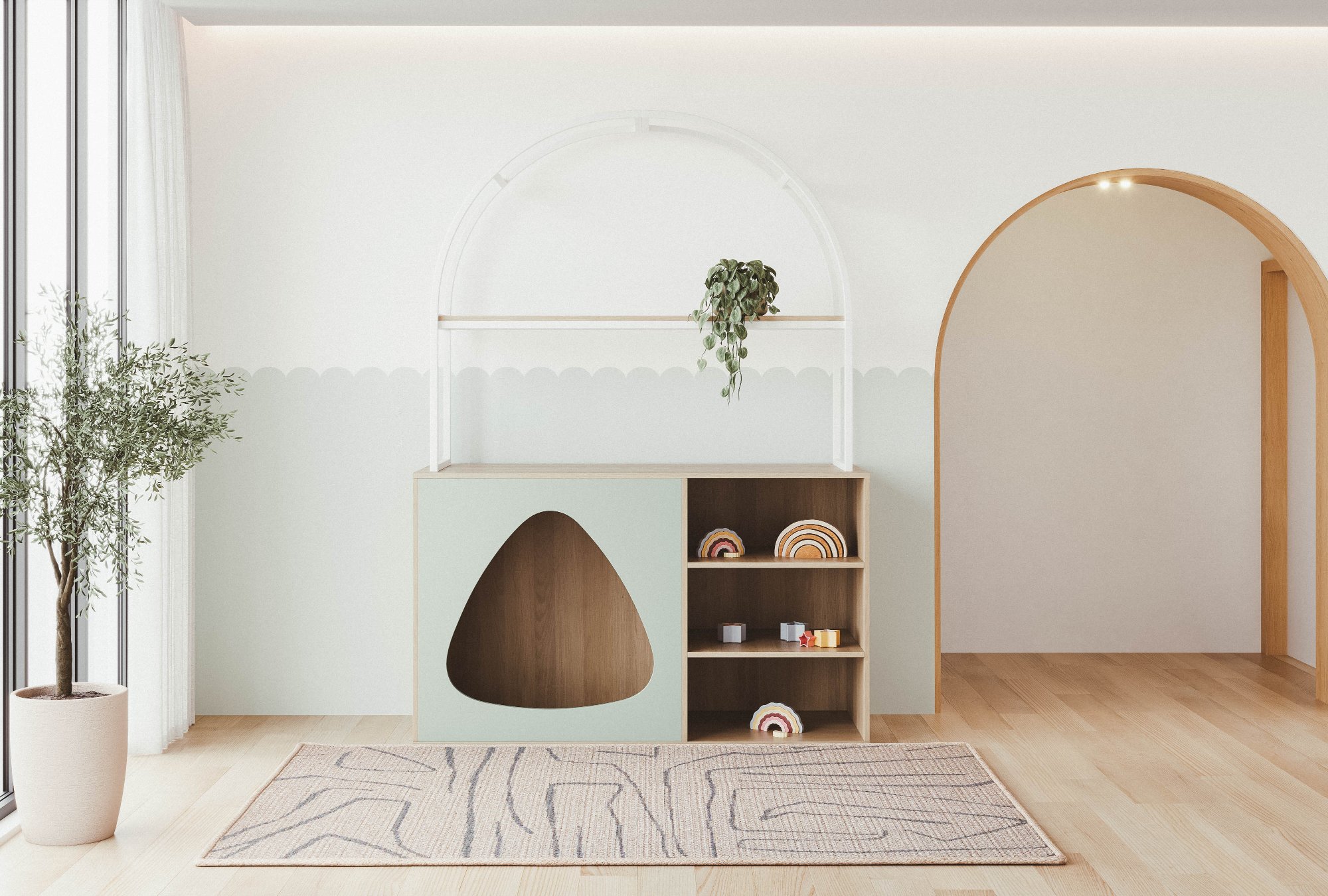 A Step4 modular storage unit with arch frame and cubby nook