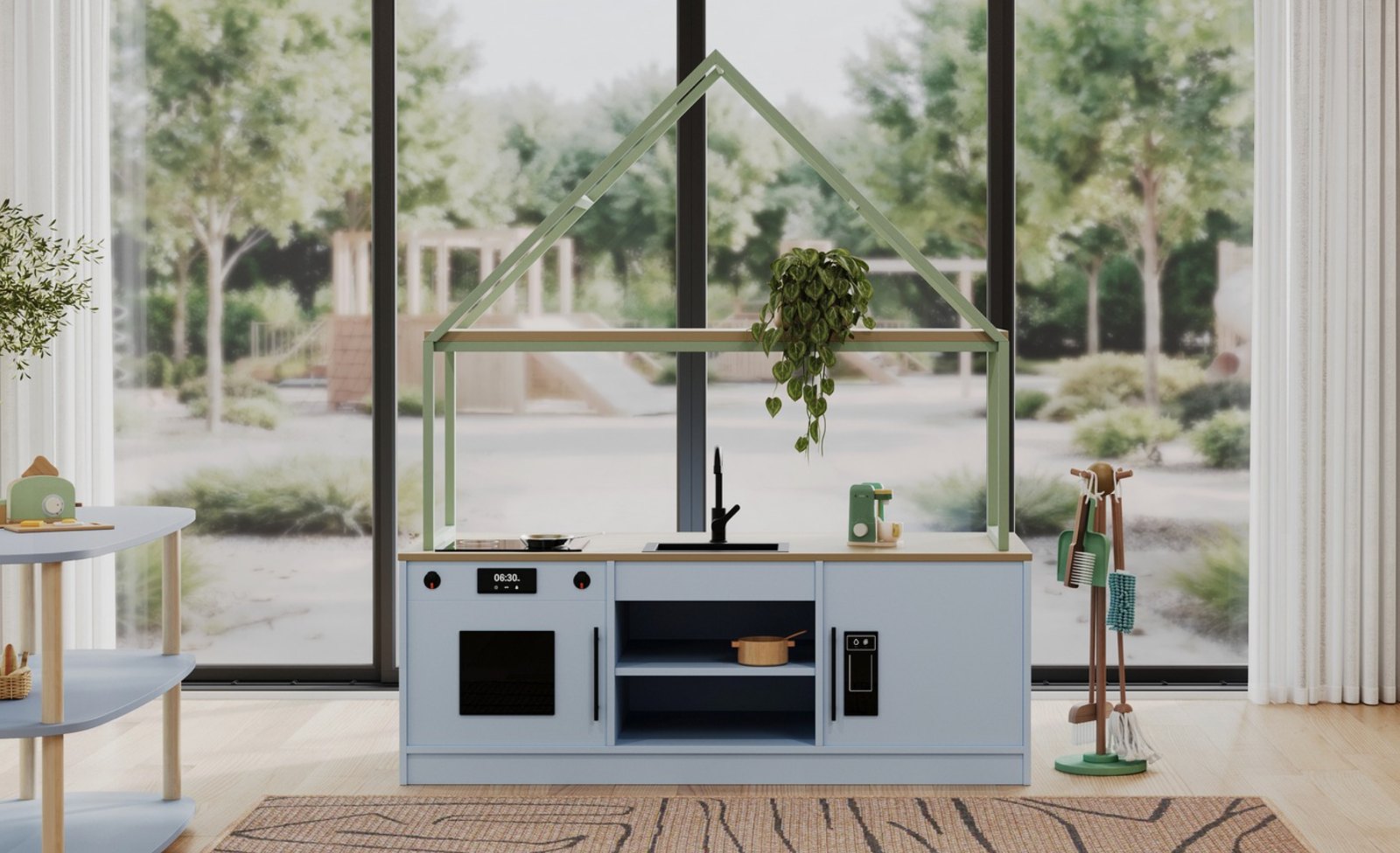 A house-framed Modula play kitchen with oven, sink and open storage shelving