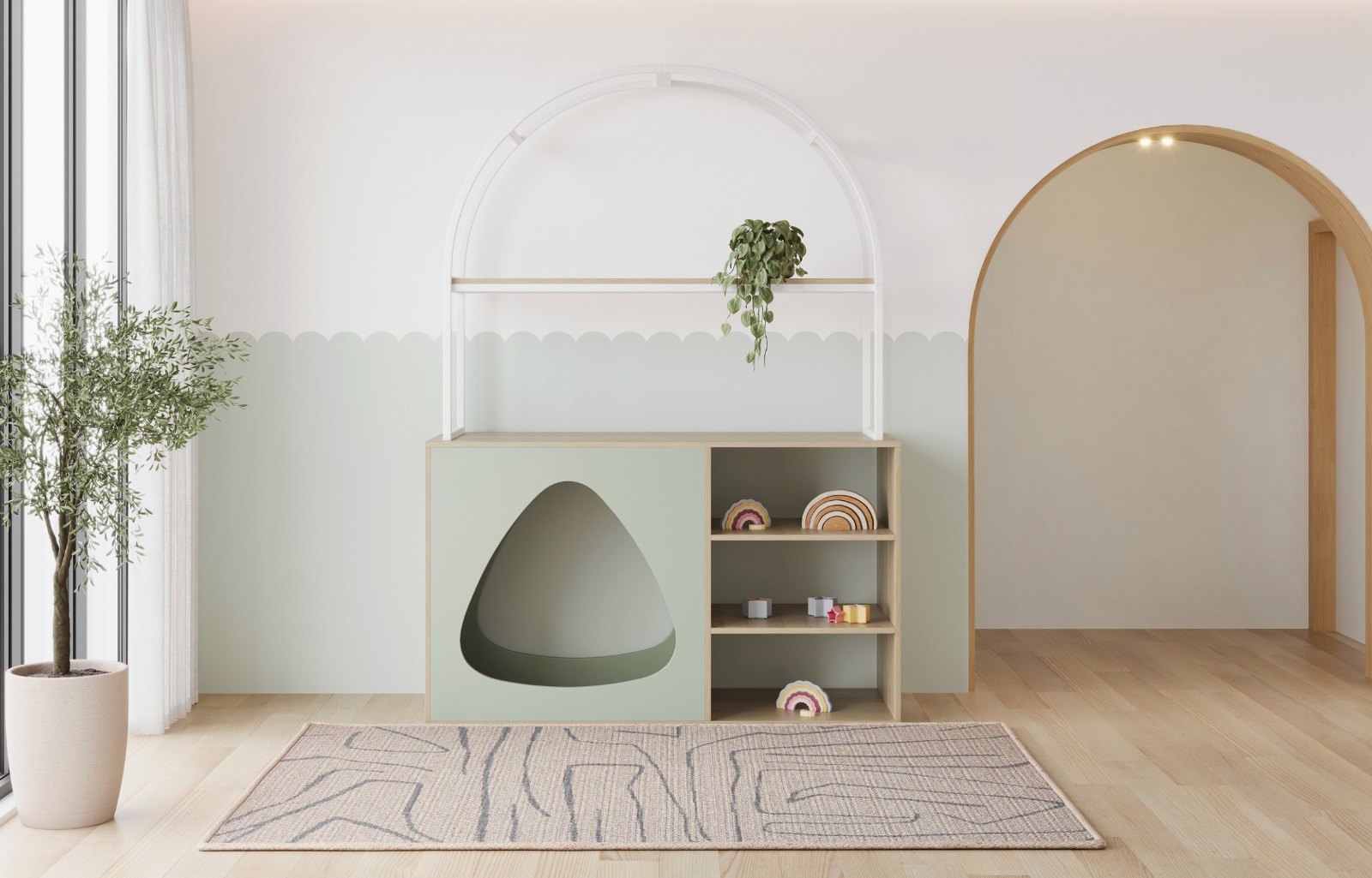 A Modula timber storage unit with a cosy nook and open shelving styled with learning resources